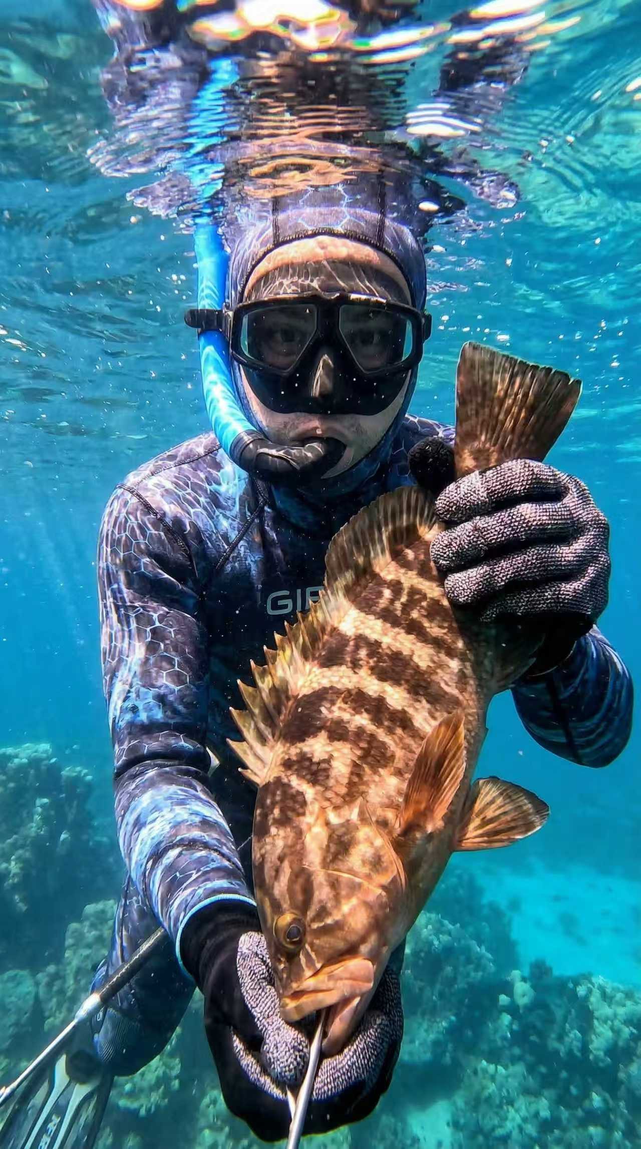 Spearfishing underwater with fresh catch